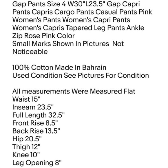 Gap Pants Size 4 W30"L23.5" Gap Capri Pants Capris Cargo Pants Casual Pants Pink - Picture 2 of 8